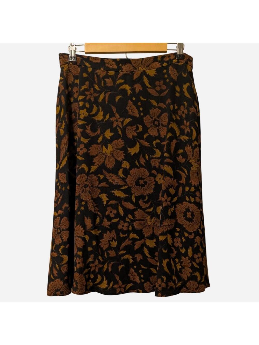 1990s Jones New York Silk Floral Midi Skirt Black Brown Gold Whimsigoth Size 12